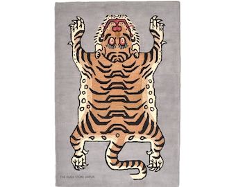 Designer Tiger Teppich, handgetufteter grauer Wollteppich mit Tierprint umweltfreundlicher handgemachter Teppich