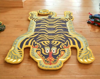 Tapis tibétain en forme d'animal fait main pour enfants, bohème, décoration de chambre, couleur bleu et gris, tigre, tapis Meilleurs cadeaux pour papa