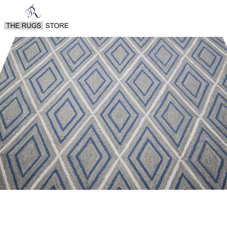 Hand tufted Wool Geometric Design Rug with Soft Pile of Grey & Blue Rug Luxurious Home Decor Ellington Rug Aesthetic Rug Artistic Rug living room rug