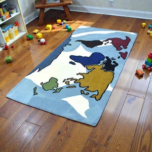 Map themed rug, hand tufted colorful educational kids room decor geography playroom Carpet