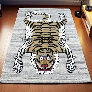 Tiger Print Rug, Handmade Tibetan Style Animal Carpet Rug, Unique Wild Cat Floor Decor Rug, Tibetan Tiger Rug for Bedroom or Entryway