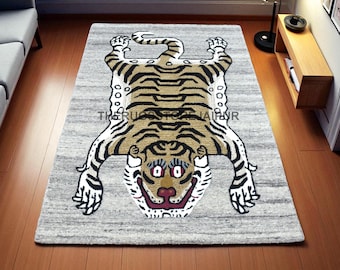 Animal Design Rug Tibetan Tiger Hand Tufted Wool Area Carpet Gray Color For Living Room