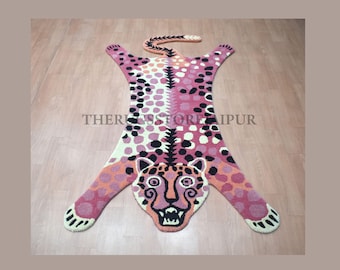 Pink Tiger Hand Tufted Rug, Kids Bedroom Floor Decor, Playroom Rugs, Vibrant Animal Design