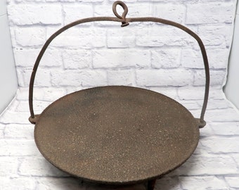 Primitive Cast and Wrought Iron Skillet on Spider Legs Hanging Griddle with Gate Mark Large 16 Inches Across