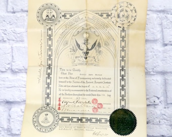 1929 Scottish Rite of Freemasonry of Canada Certificate 32nd Degree, Hamilton Ontario Old Paper Ephemera