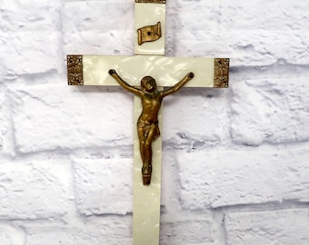 Vintage Brass Wood Cross Crucifix with Metal Jesus Christ Holy Religious Wall Hanging 10 inches h3