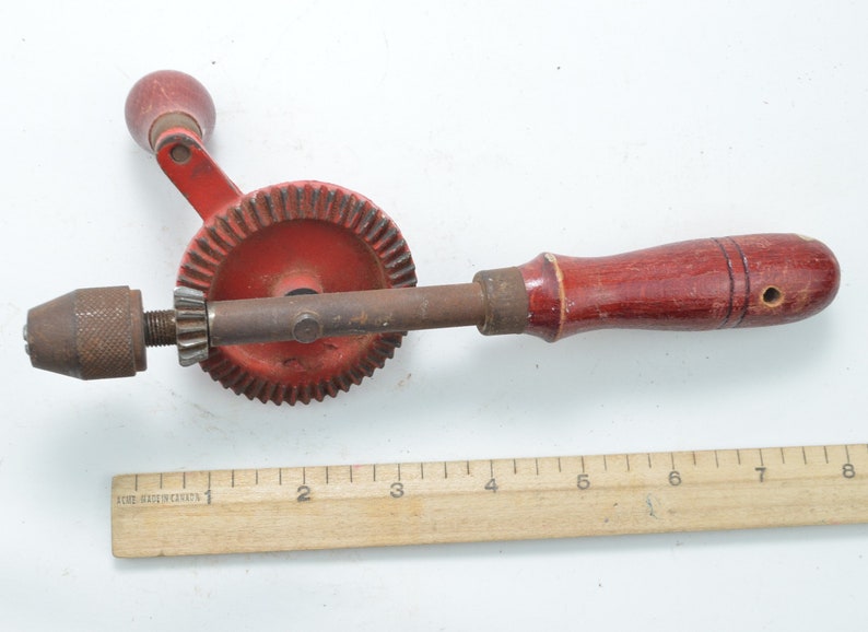 Vintage Manuel Hand Drill Crank Screwdriver Red Wooden Label Etsy