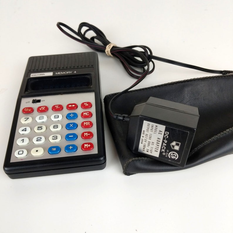 Vintage Calculator microlith MEMORY 4 Model No 113G Green LED Working with Case