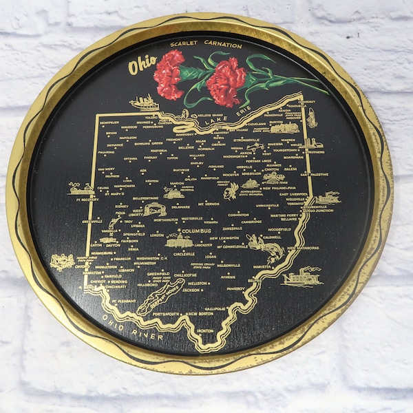 Vintage Round Metal Tray OHIO State Travel Souvenir