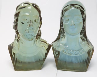 Jesus and Holy Mary Bookends Busts Green Translucent Resin hand made in Canada