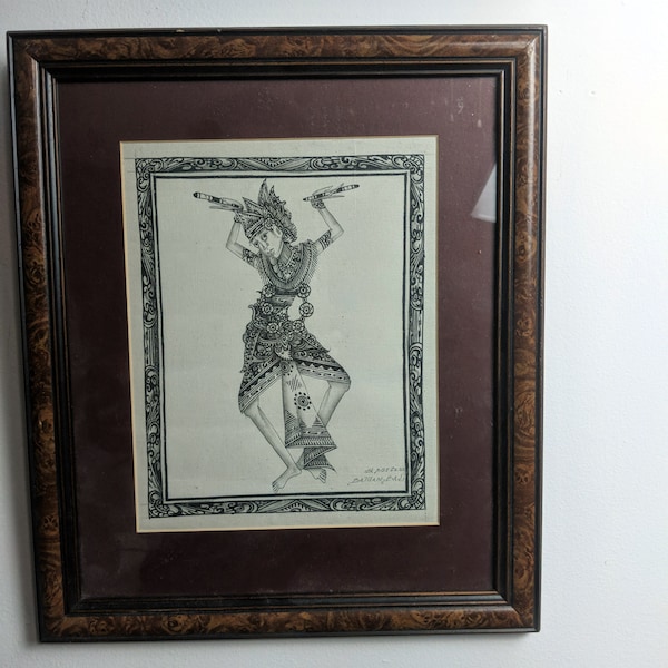 Peinture originale à l'encre noire danseuse de Bali par DA BGS SANA signée et encadrée 14 x 12