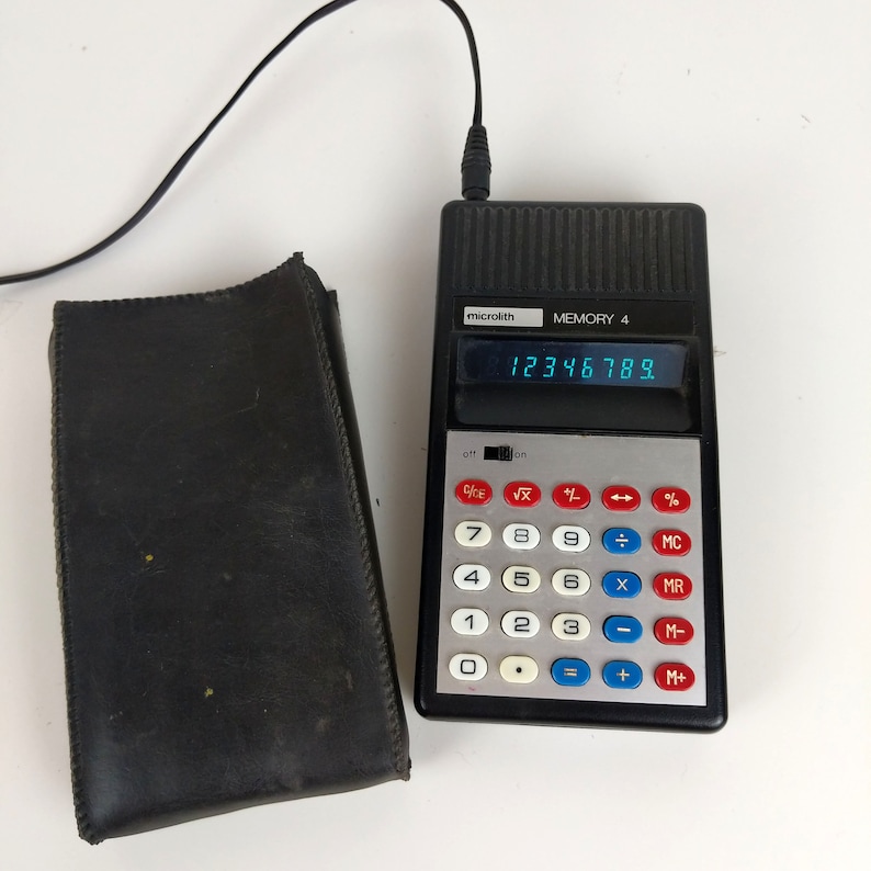 Vintage Calculator microlith MEMORY 4 Model No 113G Green LED Working with Case