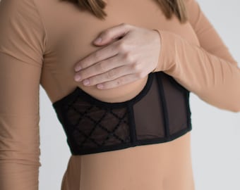 Schwarz Mesh Open Cup Korsett | Kundenspezifische Stickerei, Plus Size