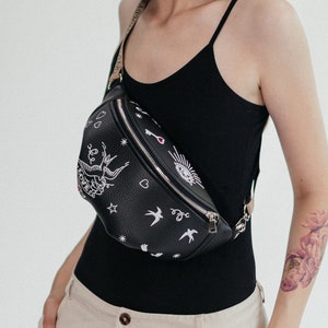 Eco leather bum bag with custom embroidery | Small black crossbody bag | Eco-friendly handmade hip bag | Waist belt bag | Ukrainian brand