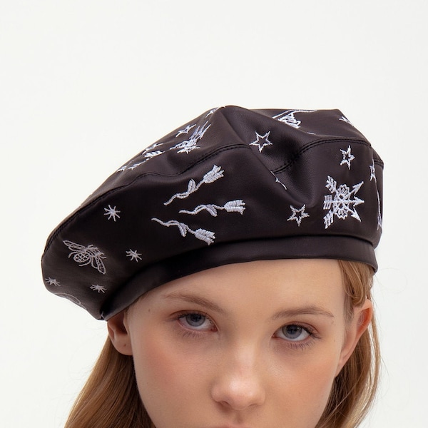 Black vegan leather beret with custom embroidery option | Ukrainian brands