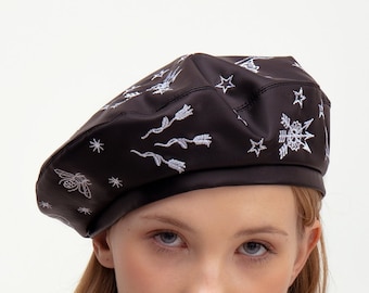 Black vegan leather beret with custom embroidery option | Ukrainian brands