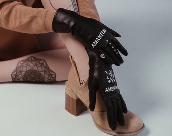 Elegant vegan leather black gloves | Simple embroidery design | Leather gloves with custom embroidery | Personalized gift