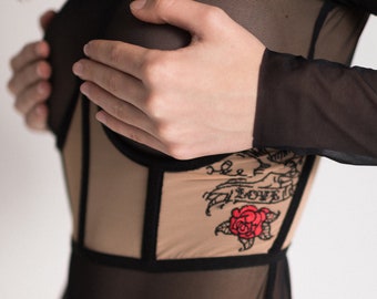 Besticktes Mesh Open Cup Korsett | Beige Unterbrust Dessous
