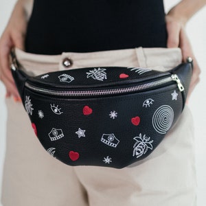 Eco leather bum bag with custom embroidery | Small black crossbody bag | Eco-friendly handmade hip bag | Waist belt bag | Ukrainian brand