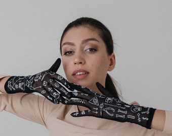 Black mesh gloves with custom embroidery | Touchscreen comfy party gloves | Personilized gift