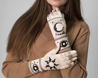 White vegan leather witch gloves with custom embroidery | Victorian gothic gloves | Evil eye, sun and moon gloves design | Personilized gift