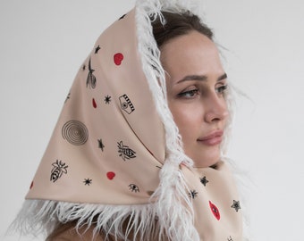 Besticktes Kopftuch aus Veganem Leder | Kunstpelz Winter Halstuch