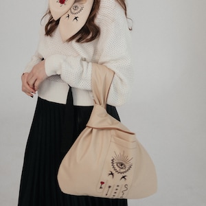 Aesthetic white tote bag from vegan leather with custom embroidery option Eco-friendly laptop tote bag with pocket Pesonalized gift image 1