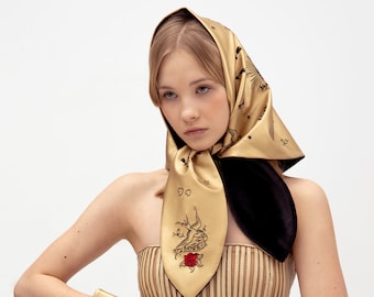 Gold vegan leather babushka headscarf with custom embroidery | Handmade hair accessories | Designer woman headwear | Ukrainian brand