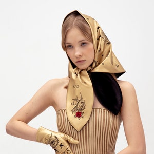 Gold vegan leather babushka headscarf with custom embroidery | Handmade hair accessories | Designer woman headwear | Ukrainian brand