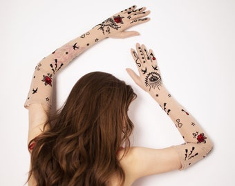 Long tulle opera gloves in beige | Nude long mesh gloves with custom embroidery | Costume evening gloves with evil eye | Ukrainian brand