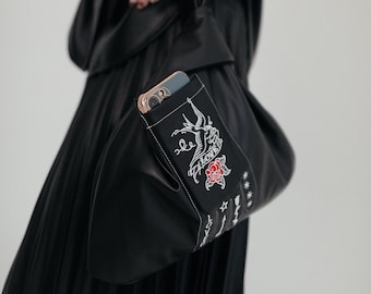 Aesthetic black tote bag from vegan leather with custom embroidery option | Eco-friendly laptop tote bag with pocket | Pesonalized gift