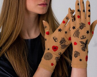 Embroidered Nude Mesh Gloves | Custom Tattoo Design