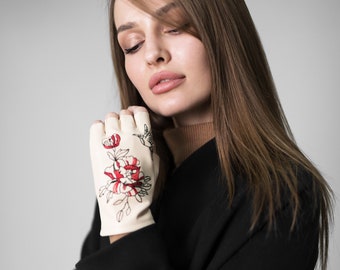 Driving vegan leather embroidered gloves | Stylish fingerless mittens with personal design | Milky white gloves with snake, bird and flower
