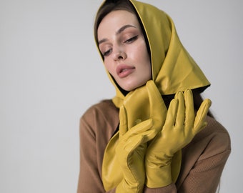 Set of vegan leather mustard gloves and babushka headscarf lined with soft velvet | Plain minimalist winter/autumn set | Personilized gift