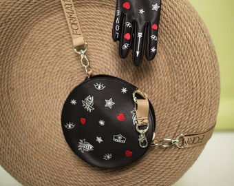 Vegan leather custom embroidered circle bag | Eco-friendly aesthetic handbag | Small black shoulder bag  | Ukrainian brand