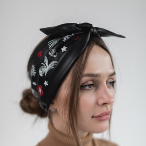 Woman vegan leather black bowknot headband with custom embroidery | Personal design hair accessory | Ukrainian brand
