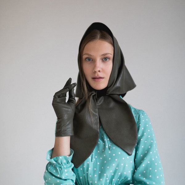 Set of vegan leather olive gloves and babushka headscarf lined with soft velvet | Plain minimalist winter/autumn set | Personilized gift