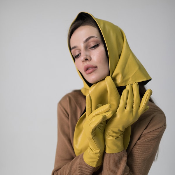 Set of vegan leather mustard gloves and babushka headscarf lined with soft velvet | Plain minimalist winter/autumn set | Personilized gift