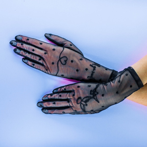 Embroidered Black Mesh Gloves | Minimalist Touchscreen Evening Gloves