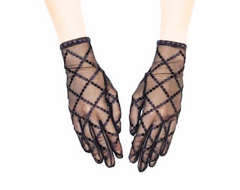 Schwarze Netzhandschuhe mit individueller Stickerei | Schlichtes minimalistisches ästhetisches Design | Elegante Abend-Touch-Handschuhe | Personalisiertes Geschenk