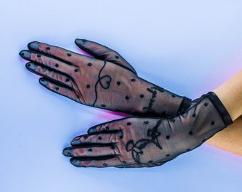 Embroidered Black Mesh Gloves | Minimalist Touchscreen Evening Gloves