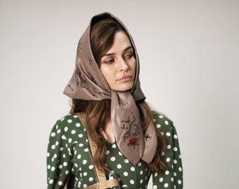 Embroidered Vegan Leather Babushka Headscarf | Handmade Designer Headwear