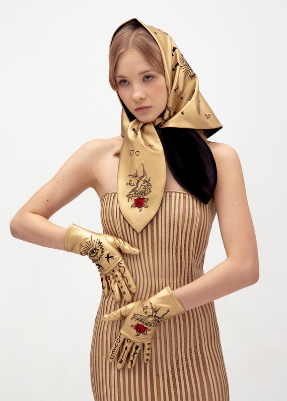Gold vegan leather babushka headscarf with custom embroidery Handmade  hair accessories Designer woman headwear Ukrainian brand
