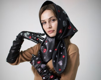 Gift set of 2 items + FREE GIFT | Black vegan leather soft velvet lined headscarf and long opera gloves with custom embroidery