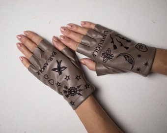 Bestickte Handschuhe aus veganem Leder | Stilvolle fingerlose Handschuhe mit persönlichem Design Mocco Biker-Handschuhe mit Mode benutzerdefinierten Design