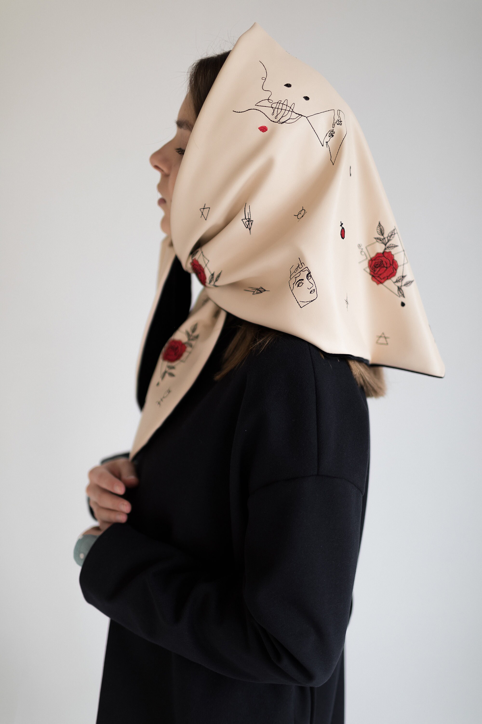 Milk White Vegan Leather Babushka Headscarf With Custom Embroidery