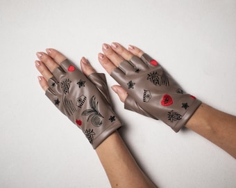 Embroidered Vegan Leather Fingerless Gloves | Customizable Biker Mittens