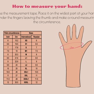 Op de afbeelding: Een diagram dat laat zien hoe je je hand kunt meten voor de handschoenmaat. Het diagram toont een hand met een meetlint rond het breedste deel van de palm. Een tabel geeft de overeenkomstige handschoenmaten in inches, centimeters, internationale maat en Russische maat.