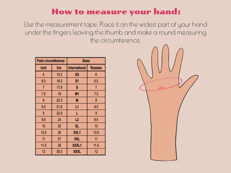 Op de afbeelding: Een diagram dat laat zien hoe je je hand kunt meten voor de handschoenmaat. Het diagram toont een hand met een meetlint rond het breedste deel van de palm. Een tabel geeft de overeenkomstige handschoenmaten in inches, centimeters, internationale maat en Russische maat.