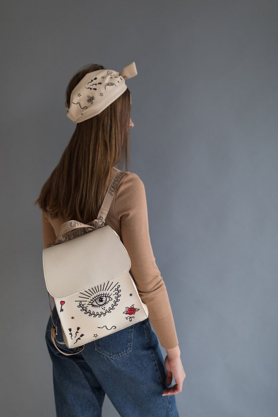 White Vegan Backpack, White backpack, Embroidered Backpack, Floral Backpack FunnyBeans Floral Printed Backpack for Women, Travel  main image 2